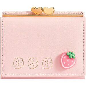 Small leather wallet for women trifold card holder cute pink girls slim purse